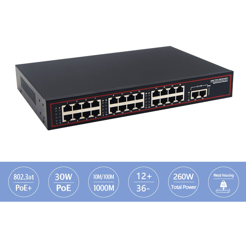 Desktop Type 24+2 port 100Mbps POE Switch with 2 port 10/100/1000Mbps Uplink